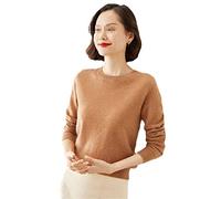 Pull pour femme à col rond en cachemire uni avec bas fin et manches longues, Doré kaki 9, M