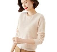 Pull pour femme à col rond en cachemire uni - Pull basique décontracté à manches longues ajusté de base, beige, M