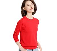 Pull pour femme à col rond en cachemire uni - Pull basique décontracté à manches longues ajusté près du corps, Rouge, L