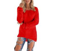 Pull pour Femme à col Rond et Manches Longues Couleur Unie Polaire Élastique Chaud Doux Sweat Longue Décontracté Elegant Classique Hauts pour Printemps Hiver Automne Pull Léger Femme (02 Red, XXL)