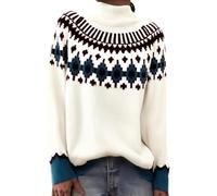 Pull pour femme à manches longues et col rond - Rayé - Coupe ajustée - Pull en tricot épais - Pull d'hiver - Col rond - Doux - Motif fair-isle, Blanc C, L