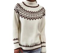 Pull pour femme à manches longues et col rond - Rayé - Coupe ajustée - Pull en tricot épais - Pull d'hiver - Col rond - Doux - Motif fair-isle, Q-blanc, XL