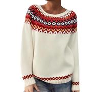 Pull pour femme à manches longues et col rond - Rayé - Coupe ajustée - Pull en tricot épais - Pull d'hiver - Col rond - Doux - Motif fair-isle, A-blanc., 4XL