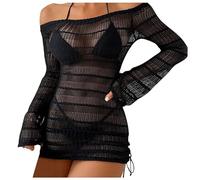 Pull pour femme, au crochet, épaules dénudées, manches longues, mode plage, maillot de bain, mini jupe, cache-bikini, semi-transparent, maille fine, col rond, t-shirt en maille, robe de plage, Noir ,