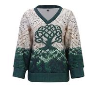 Pull pour femme avec arbre de vie celtique - Pull à col en V en tricot 3D avec motif Yggdrasil - Haut viking décontracté et mystique, Style N01 vert, L
