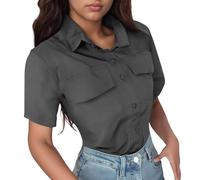 Pull pour femme avec dentelle Chemise unie décontractée à revers et manches courtes Chemisier en dentelle Noir, gris, XL
