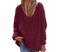 Pull pour femme - Col en V - Élégant - Manches larges - Coton - Pull thermique - Grandes tailles - Pull baggy - Doux - Pull d'hiver à manches longues - Décontracté, Bordeaux, S