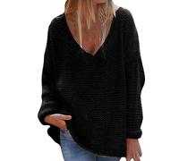 Pull pour femme - Col en V - Élégant - Manches larges - Coton - Pull thermique - Grandes tailles - Pull baggy - Doux - Pull d'hiver à manches longues - Décontracté, Noir , XL
