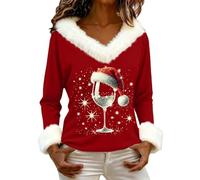 Pull pour femme de Noël d'hiver - Pull haut sans capuche, élégant col en V velours doux en maille rouge Père Noël drôle T-shirt Sweatshirt Christmas à manches longues, M