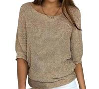 Pull pour femme décontracté à col bateau en tricot tunique chemisier uni ample t-shirts tendance à manches 3/4, kaki, XL