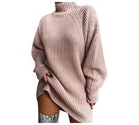 Pull pour femme élégant et ample, long, pour l'hiver, avec col rond, oversize, en maille, à col roulé, slim fit, mode, sweat-shirt chaud, décontracté, pull long, haut en maille, uni, 2 roses, M