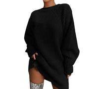 Pull pour femme élégant et ample, long, pour l'hiver, avec col rond, oversize, en maille, à col roulé, slim fit, mode, sweat-shirt chaud, décontracté, pull long, haut en maille, uni, Noir , L