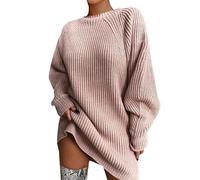 Pull pour femme élégant et ample, long, tricot d'hiver, col rond, oversize, robe en tricot, pull ras-du-cou, slim fit, mode, sweat-shirt chaud, décontracté, pull haut, top tricoté, uni, rose, M