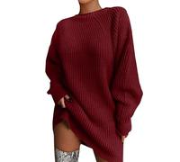 Pull pour femme élégant et ample, long, tricot d'hiver, col rond, oversize, robe en tricot, pull ras-du-cou, slim fit, mode, sweat-shirt chaud, décontracté, pull haut, top tricoté, uni, Vin., M