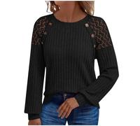 Pull pour femme - En dentelle - Patchwork - Manches longues - Élégant - Avec boutons - Coupe ample - Col rond - Couleur unie - Tunique légère - Pour tous les jours, Noir , L