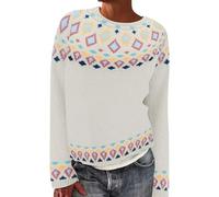 Pull pour femme en tricot imprimé île rétro décontracté ample col rond manches longues léger court pull tops tenues d'automne, blanc, XXL