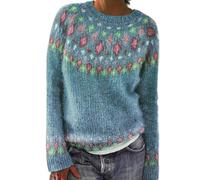 Pull pour femme en tricot imprimé île rétro décontracté ample col rond manches longues léger court pull tops tenues d'automne, bleu, 4XL