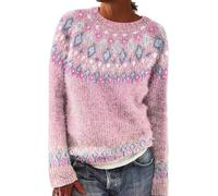 Pull pour femme en tricot imprimé île rétro décontracté ample col rond manches longues léger court pull tops tenues d'automne, rose, L