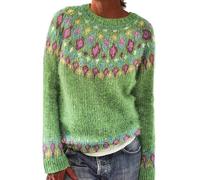 Pull pour femme en tricot imprimé île rétro décontracté ample col rond manches longues léger court pull tops tenues d'automne, Vert, S