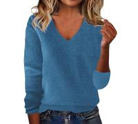 Pull pour femme grande taille avec col en V de couleur unie - Pull ample pour l'automne et l'hiver - Pull léger à motif d'amour mignon - Pull en tricot thermique, bleu, 4XL