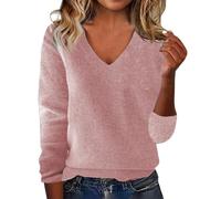 Pull pour femme grande taille avec col en V de couleur unie - Pull ample pour l'automne et l'hiver - Pull léger à motif d'amour mignon - Pull en tricot thermique, rose, 3XL