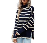 Pull pour femme pour l'automne et l'hiver, tricot côtelé rayé à col roulé pour femme, bleu marine, XL