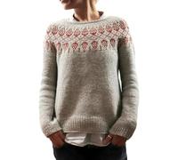 Pull pour femme - Pull à manches longues décontracté et ample - Col rond - Pull norvégien tricoté pour femme - Imprimé île rétro, kaki, S