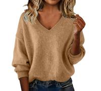 Pull pour femme - Pull d'hiver chaud en polaire pour femme - Pull surdimensionné à col en V - Couleur unie - Manches longues - Pull en cachemire doux et confortable - Pull ample décontracté uni, kaki
