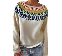 Pull pour femme, t-shirt à manches longues pour femme, pull norvégien, sweatshirts surdimensionnés, col rond, pull d'hiver chaud, pull en tricot chaud, pull à manches longues, sweat rayé, Beige., 4XL