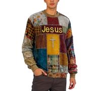 Pull pour homme de style patchwork avec croix - Sweat-shirt coloré avec imprimé Jésus et aspect patchwork - Haut chrétien et artistique pour la foi, Style L02 marron, 3XL
