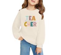 Pull pour la rentrée scolaire pour filles à manches longues en coton mignon sans capuche col rond t-shirt décontracté coupe régulière lettre graphique pull (beige, 10-11 ans)