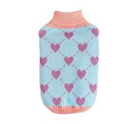 Pull pour petit chien en tricot à col roulé avec cœur et chat | Pull pour chien par temps froid - Bleu - Taille S