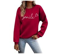 Pull rayé pour femme - T-shirt à col rond imprimé pour la vie quotidienne, la maison, l'extérieur, l'entraînement - Couleur unie - Manches longues - Fausse fourrure, rouge, L