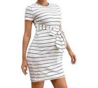 Pull Robe Femme Robe de grossesse rayée avec ceinture et nœud - Robe midi avec taille empire idéale pour les femmes enceintes, Blanc., S
