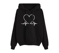Pull rouge pour femme avec capuche imprimée d'amour, chemisier décontracté à manches longues avec cordon de serrage et chaînes frères et sœurs, Noir , XXL