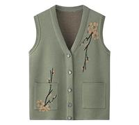 Pull Sans Manche,Femmes Tricoté Gilets Élégant Épaissir Pois Vert Fleur Jacquard Poche Col V Cardigan Pull Gilet Automne Lâche Doux Tricot Sans Manches Débardeur Personnes Âgées Dames Gilet,S