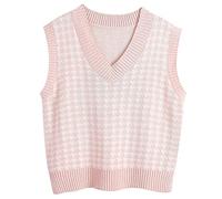 Pull sans manches Femme Laine Col V Gilet sans manche Femme en Tricot Chic et Élégant Crop Débardeur Chaud Décontracté Style Preppy Sweater À Motif À Carreaux Rétro Classique Automne Hiver Rose,Xl