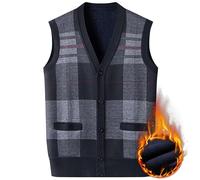Pull sans manches pour homme - Col en V - Gilet tricoté - Débardeur d'hiver - Gilet en tricot côtelé - Gilet d'affaires doublé en polaire avec boutons, gris foncé, L