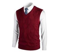 Pull sans manches pour homme - Gilet tricoté à carreaux - Col en V - Coupe ajustée - Décontracté - Rétro - Chaud - Pour l'extérieur - Gilet de travail décontracté, T5 rouge, M