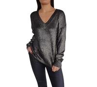 Pull scintillant pour femme - Pull à col en V pour femme - Pull tendance sexy à paillettes doux et confortable pour femme - Pull ample en tricot torsadé de couleur unie à manches longues pour femme,