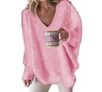 LLECDASEUI Pull surdimensionné pour femme avec des perles ornées de col en v à manches longues, hauts en tricot esthétique habillés à la mode (Rose,M)