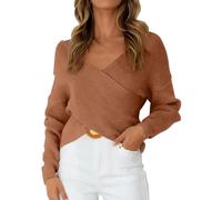 Pull tendance à col en V croisé pour femme - Pull habillé décontracté - Pull court d'automne et d'hiver - Tricot confortable à manches longues, café, M