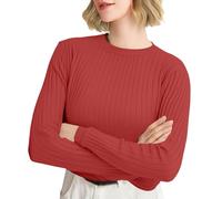 Pull tendance à col rond en tricot pour femme - Automne et hiver - Chaud - Confortable - Ajusté - Côtelé - Décontracté - Manches longues - Haut thermique, rouge brique, XXL