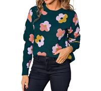 Pull tendance à col rond pour femme - Automne et hiver - Pull tricoté habillé décontracté à fleurs - Pull confortable à manches longues pour les vacances, bleu marine, S