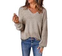 Pull tendance pour femme avec col en V ajouré pour l'automne et l'hiver - Pull habillé décontracté en tricot au crochet - Vintage - Pour les vacances, marron, L