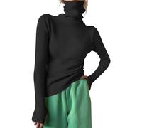 Pull thermique décontracté pour femme - Haut d'hiver pour femme - Pull à col roulé côtelé en tricot avec ouverture pour le pouce - Manches longues - Col ras-du-cou uni - Coupe ajustée - Pull