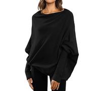 Pull thermique doux au toucher pour femme - Pull d'automne asymétrique drapé à manches longues chauve-souris - Pull en tricot uni, Noir , XL