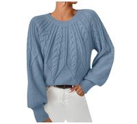 pull torsade femme oversize court pull hiver chaud chic et élégant motif tricot pullover women à manches longues thermal chandail tricoté léger décontracté pull fin col rond uni ideal (Blue, L)
