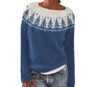 Pull Tricot Femme Pull Chaud Femme Hiver Polaire Tricoté Rétro à Imprimé Isle pour Décontracté Ample Col du Cou Manches Longues Léger Court pour Les Fetes Blue M