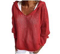 Pull tricoté à découpes en crochet pour femmes - UK - Décontracté - Loose Fit - Col V - Manches longues - Épaules dénudées - Tricot à mailles ajourées avec capuche - Mode - Décontracté - Ouvert, Rouge